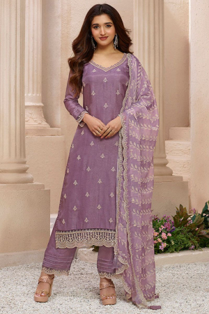 Nidhi Shah Dusty Lavender Dola Silk Kurta Suit Set with Lehariya Print Dupatta