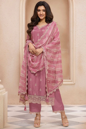 Nidhi Shah Dusty Rose Dola Silk Kurta Suit Set with Lehariya Print Dupatta