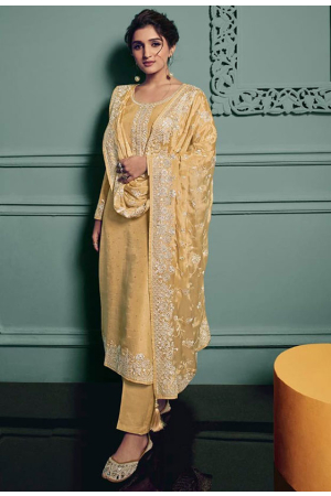 Nidhi Shah Golden Cream Silk Embroidered Trouser Kameez Suit