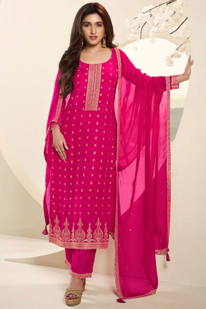 Nidhi Shah Hot Pink Muslin Jacquard Kurta Suit Set