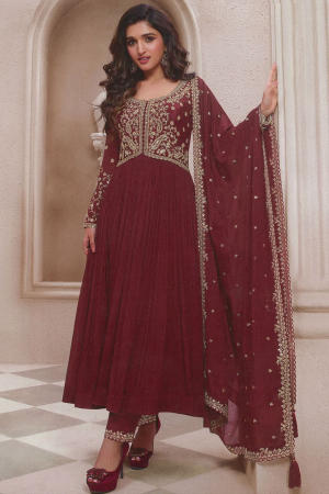 Nidhi Shah Maroon Embroidered Chinnon Pant Kameez