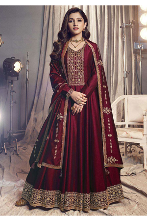 Nidhi Shah Maroon Embroidered Silk Anarkali Suit