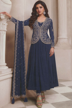 Nidhi Shah Navy Blue Embroidered Chinnon Pant Kameez