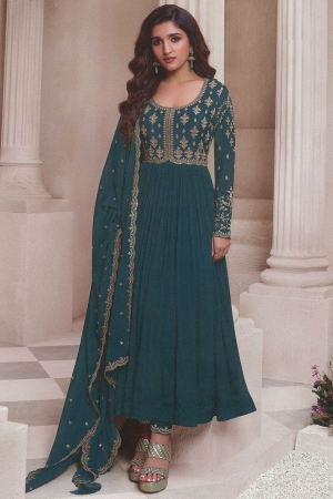 Nidhi Shah Peacock Blue Embroidered Chinnon Pant Kameez