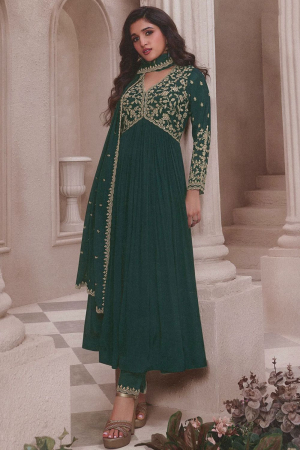 Nidhi Shah Pine Green Embroidered Chinnon Pant Kameez