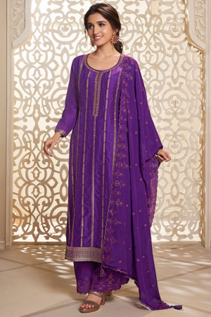Nidhi Shah Purple Dola Silk Palazzo Suit Set with Zari and Self Weave Jacquard Top
