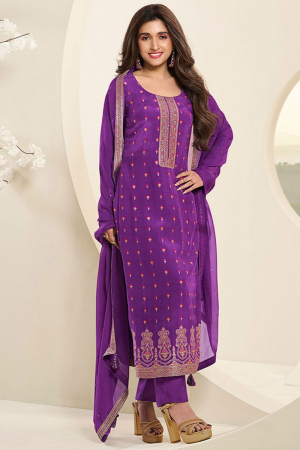 Nidhi Shah Purple Muslin Jacquard Kurta Suit Set