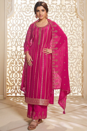 Nidhi Shah Rani Pink Dola Silk Palazzo Suit Set with Zari and Self Weave Jacquard Top