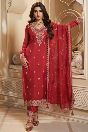 Nidhi Shah Scarlet Red Kurta Suit Set with Thread Work 