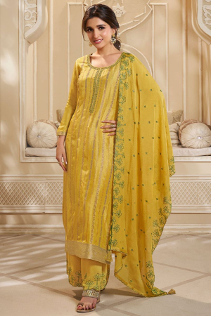Nidhi Shah Yellow Dola Silk Palazzo Suit Set with Zari and Self Weave Jacquard Top