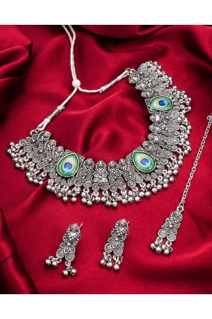 Ghunghroo Work Silver Oxidized Necklace Set