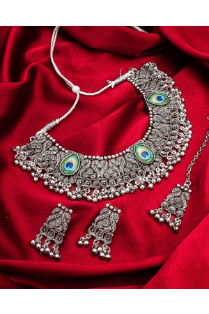 Peacock Work Oxidized Silver Necklace Set