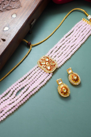 Kundan and Beads Studded Golden Necklace Set
