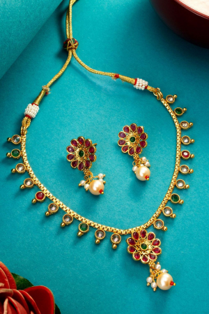 Traditional Studded Gold Plated Necklace Set