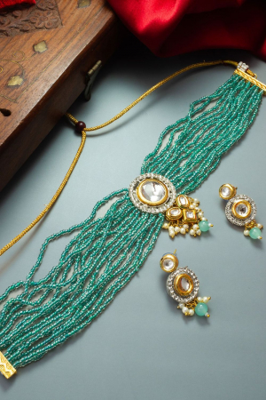 Green Kundan and Beads Studded Heavy Necklace Set