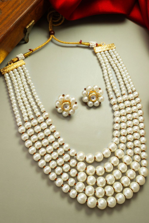 Off White Beads Studded Gold Plated Necklace