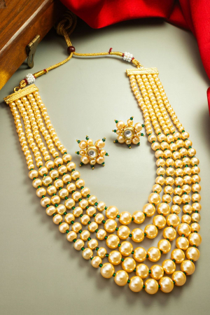 Cream Beads Studded Gold Plated Necklace