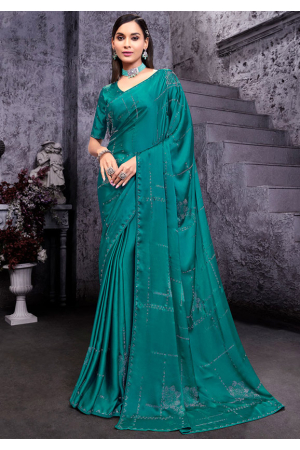 Rama Green Embellished Satin Saree