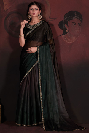 Oak Brown and Pine Green Embellished Pure Satin Georgette Saree