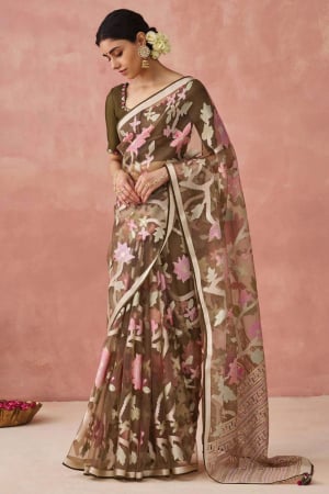 Oak Brown Brasso Saree with Embroidered Blouse