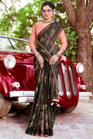 Oak Brown Crepe Saree with Embroidered Blouse
