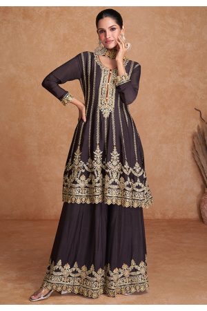 Oak Brown Embroidered Chinnon Palazzo Kameez