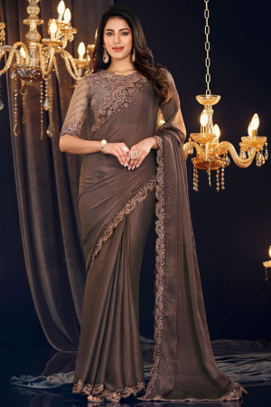 Oak Brown Georgette Zari Shimmer Saree with Embroidered Blouse