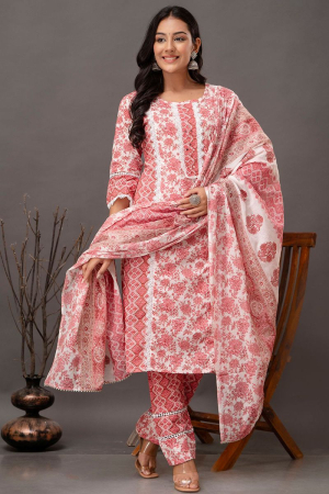 Off White and Coral Pink Printed Rayon Cotton Readymade Pant Kameez