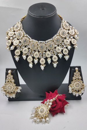 Off White and Cream Stones and Pearls Studded Designer Necklace Set