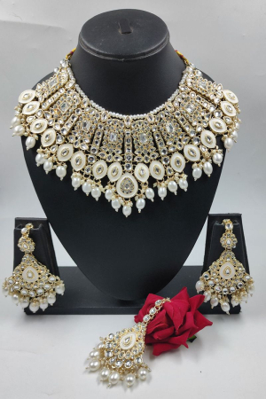 Off White and Cream Stones and Pearls Studded Designer Necklace Set
