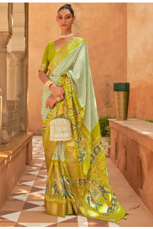Off White and Lime Green Patola Silk Saree