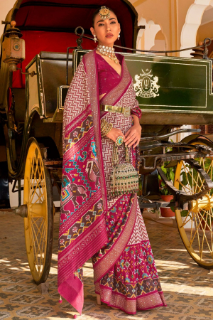 Off White and Magenta Embellished Silk Saree