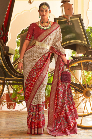 Off White and Maroon Embellished Silk Saree