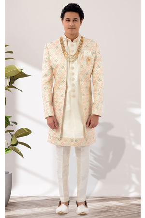 Off White and Multicolor 3 Piece Jacket Style Sherwani