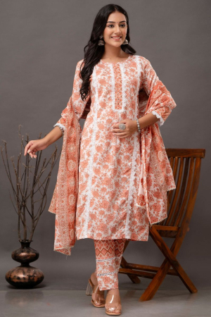 Off White and Peach Printed Rayon Cotton Readymade Pant Kameez