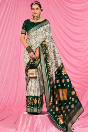 Off White and Pine Green Patola Monga Silk Saree