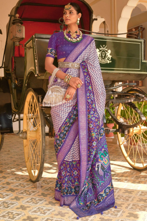 Off White and Purple Embellished Silk Saree