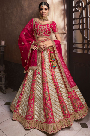 Off White and Rani Pink Embroidered Banarasi Silk Designer Bridal Lehenga Set