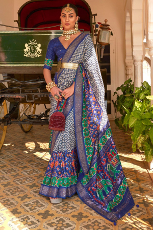 Off White and Royal Blue Embellished Silk Saree