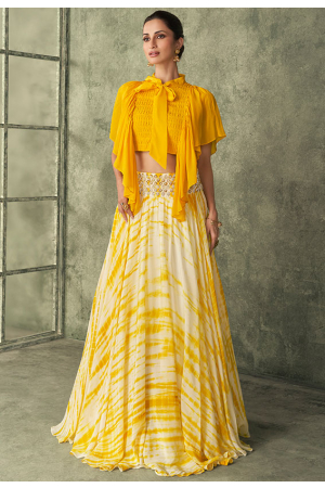 Off White and Turmeric Yellow Georgette Designer Lehenga Choli