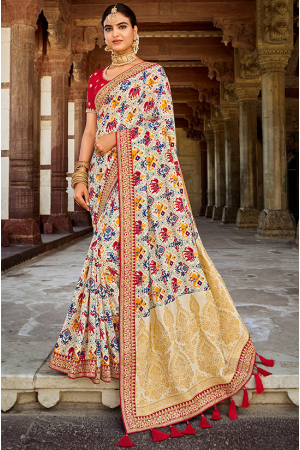 Off White Dola Silk Designer Saree with Embroidered Blouse