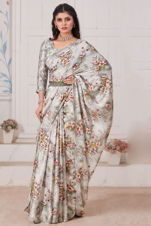 Off White Embellished Pure Satin Georgette Saree