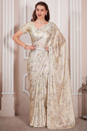 Off White Embellished Pure Satin Georgette Saree