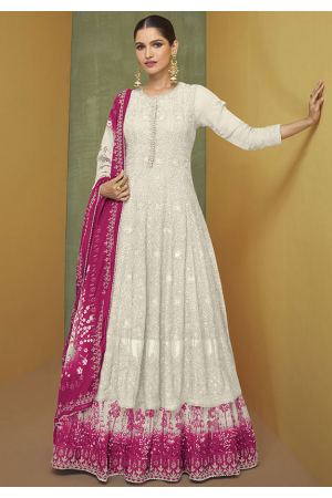 Off White Embroidered Faux Georgette Lehenga Kameez