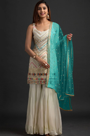 Off White Embroidered Faux Georgette Sarara Kameez