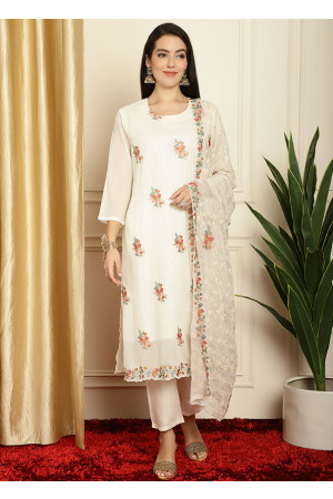 Off White Embroidered Georgette Pant Kameez