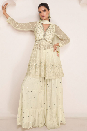 Off White Embroidered Georgette Sarara Kameez for Festival