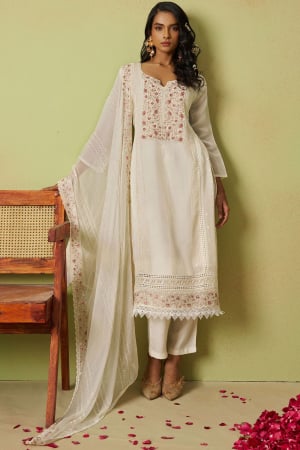 Off White Embroidered Pure Organza Pant Kameez