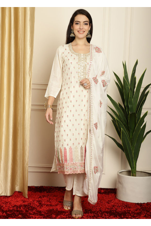 Off White Embroidered Pure Silk Pant Kameez