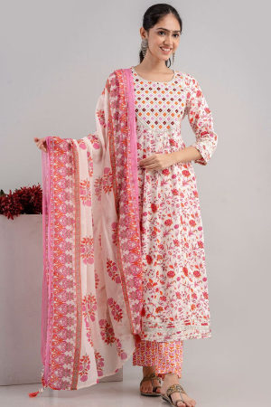 Off White Embroidered Rayon Cotton Pant Kameez